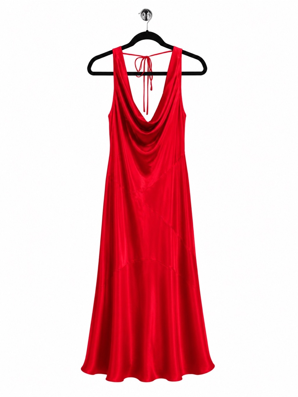 Satin Red Cowl-Neck Midi Dress with Tie Back